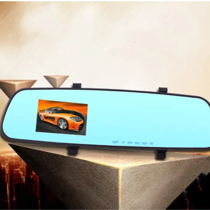 Rearview Mirror Recorder showing vivid display with orange sports car image and on-screen control buttons.