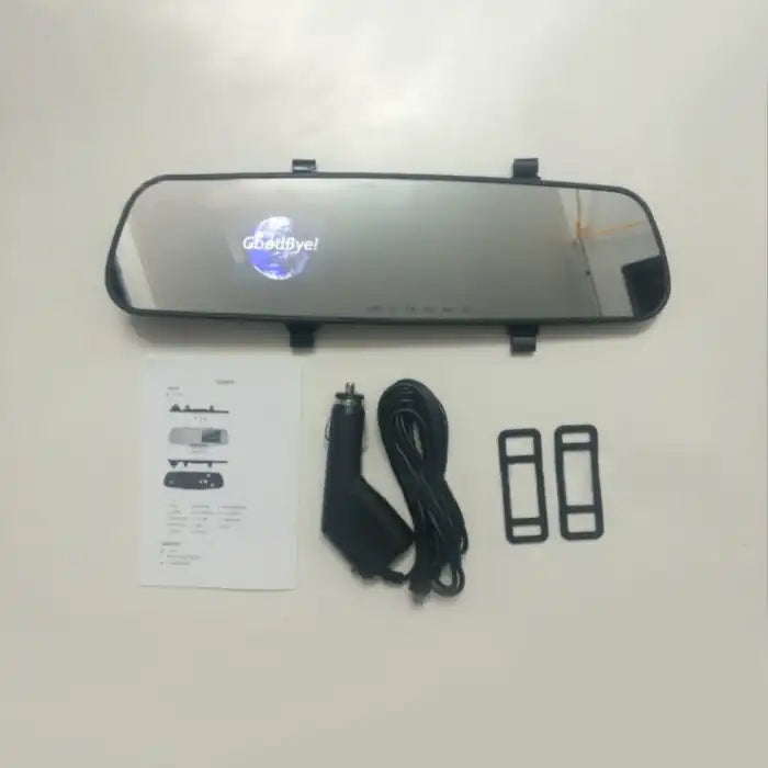 Rearview Mirror Recorder kit including mirror unit, charging cable, clips, and instruction manual.