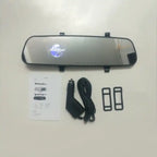 Rearview Mirror Recorder kit including mirror unit, charging cable, clips, and instruction manual.