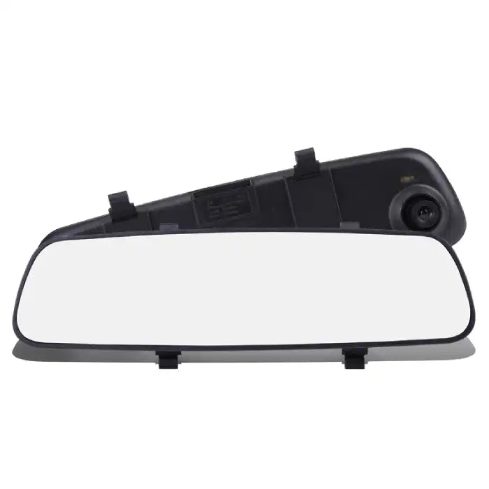 Rearview Mirror Recorder with rear-mounted camera lens and adjustable mounting clips.