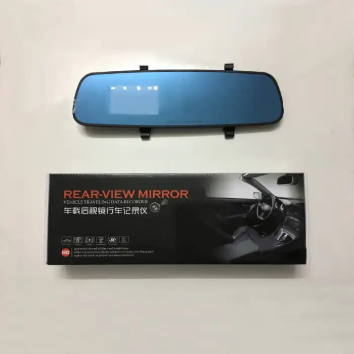 Rearview Mirror Recorder placed above product retail box showing package design and mirror screen.