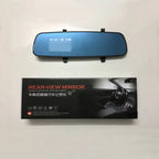 Rearview Mirror Recorder placed above product retail box showing package design and mirror screen.