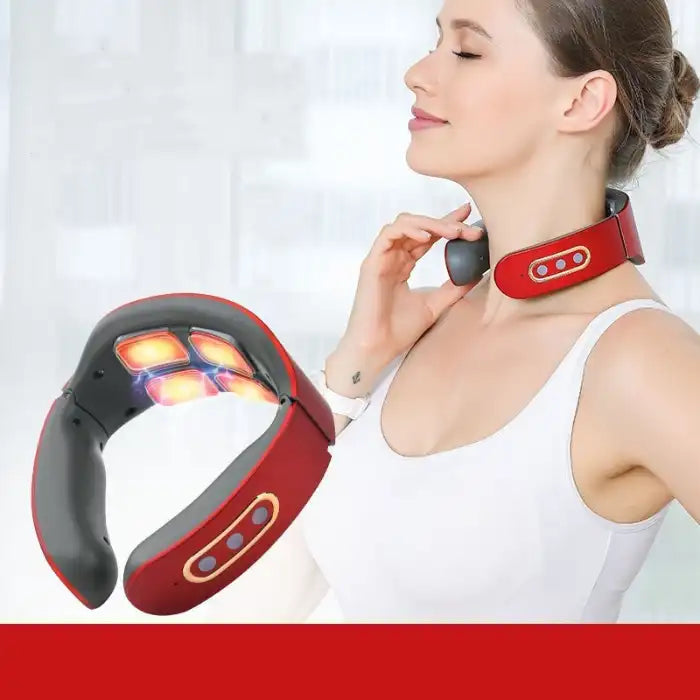 Neck Massager in red used by woman, showing heat therapy and ergonomic wearable design.