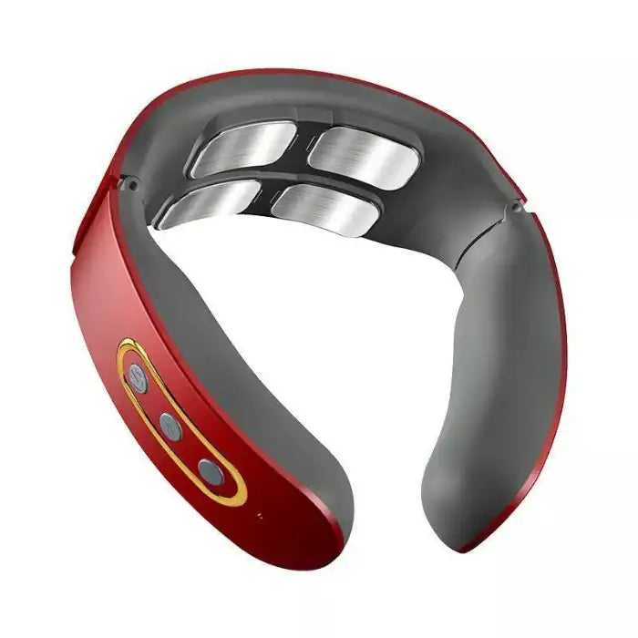Red Neck Massager with smart electrode pads and control buttons for customized pain relief.