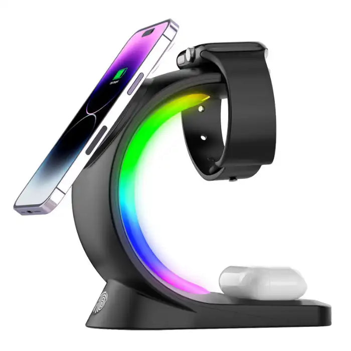 RGB wireless charging station powering phone, smartwatch, and earbuds with sleek arc-shaped design.