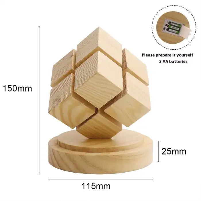 Rubix cube night light battery powered with size dimensions and battery slot shown