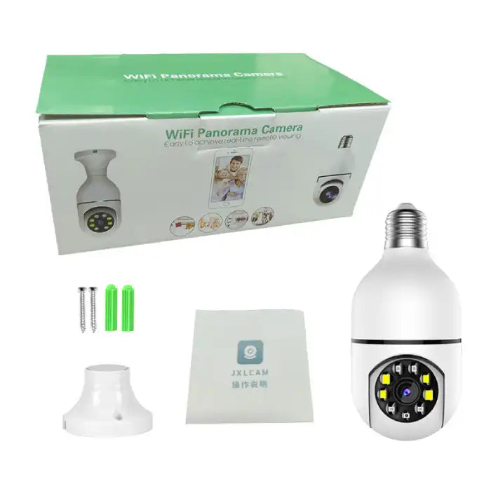 Security camera with box, mount, screws, and manual included in the complete kit.