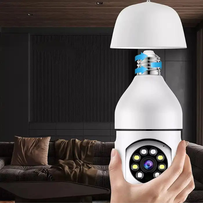 Security camera lightbulb showing screw-in installation for home surveillance in living room.