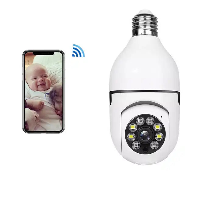 Security camera paired with smartphone showing baby monitoring feature in real time.