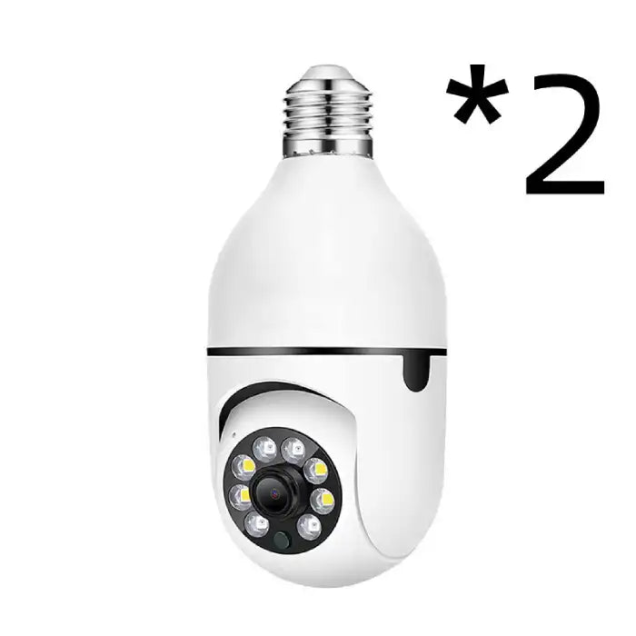 Two-pack of LED lightbulb-style security cameras for indoor and outdoor use.