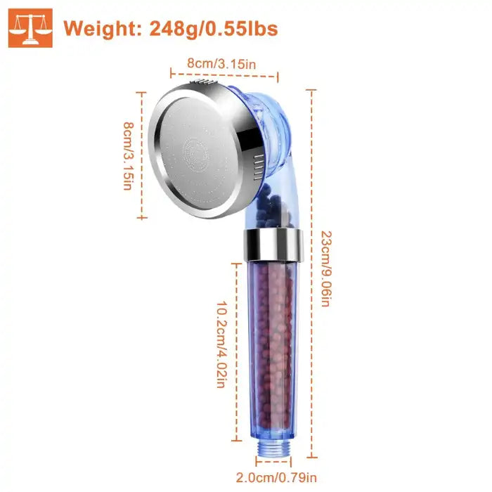 Shower Head Filtration with 23cm total length and 8cm spray diameter, weighing only 248g or 0.55 lbs.