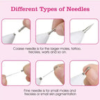 Skin Tag Remover showing different needle types for treating large and small skin imperfections.