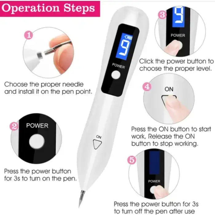 Skin Tag Remover step-by-step operation guide showing needle attachment, power and mode selection.
