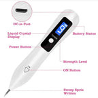 Skin Tag Remover pen labeled with display, power button, strength level, and needle sweep zone.