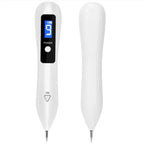 Skin Tag Remover pen shown from front and back with digital display and fine needle tips.
