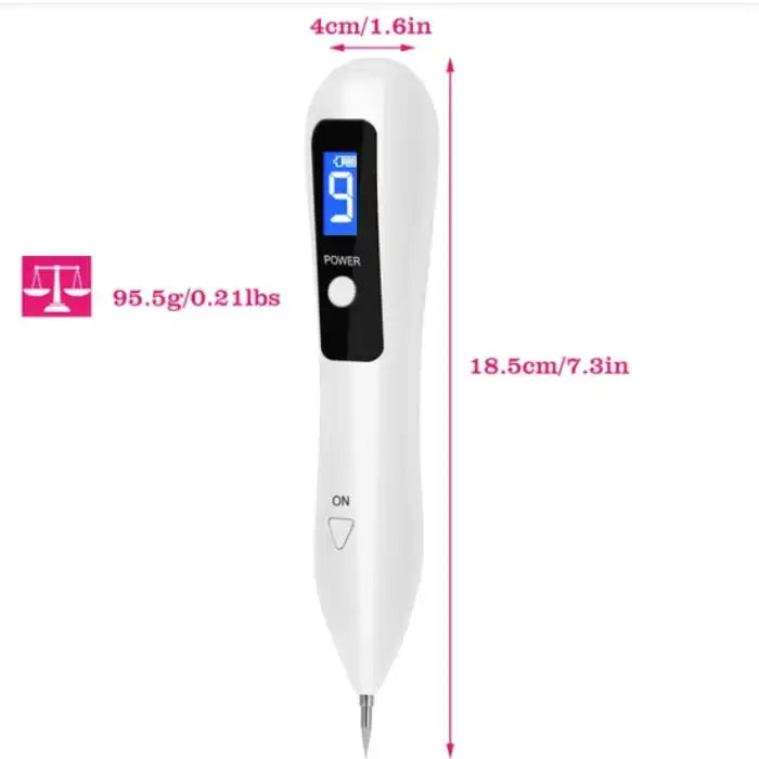 Skin Tag Remover pen size and weight specs shown as 18.5cm length and 95.5g weight.
