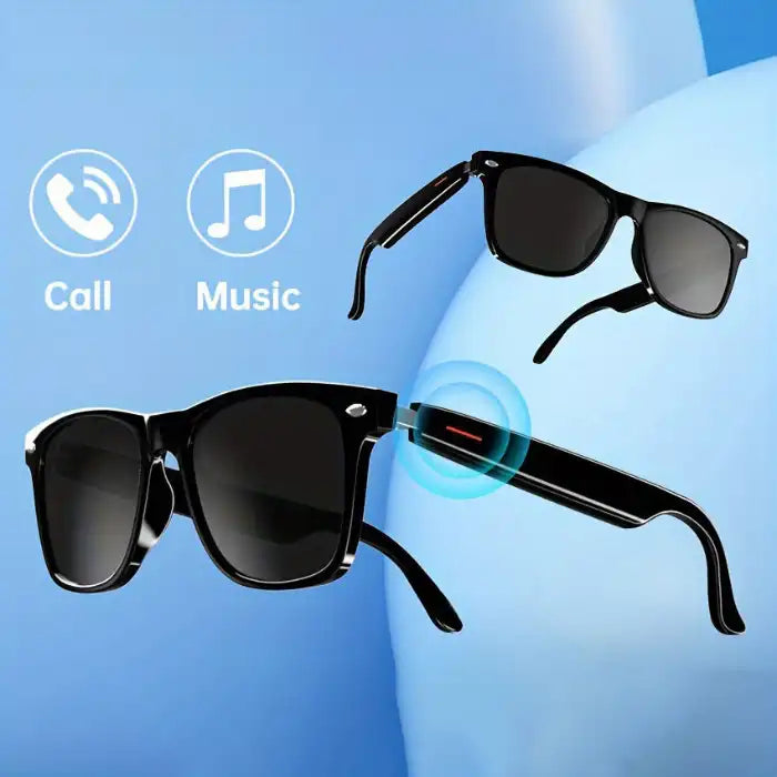 Smart Glasses with Bluetooth for hands-free calling and music playback in sleek black design.