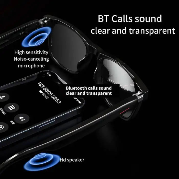 Smart Glasses with HD speaker and noise-canceling mic for crystal-clear Bluetooth calls.