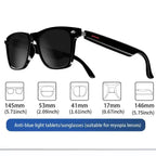 Smart Glasses size chart with black frame and anti-blue light lenses, compatible with myopia lenses.