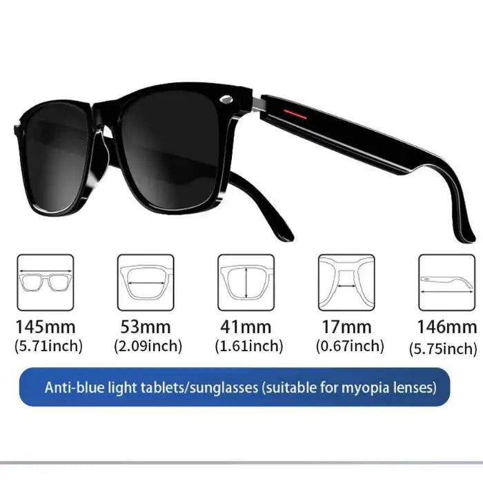 Smart Glasses size chart with black frame and anti-blue light lenses, compatible with myopia lenses.