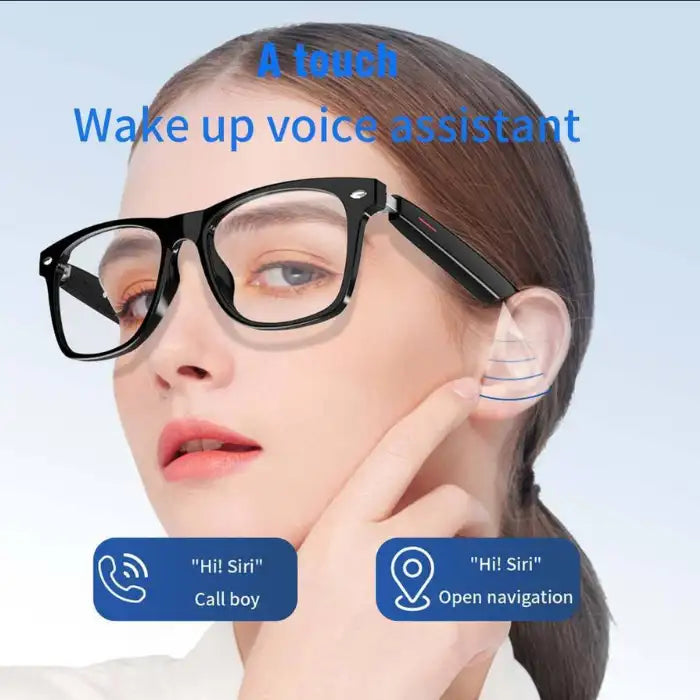 Smart Glasses activated by voice assistant, worn by woman using Siri for navigation and calling.
