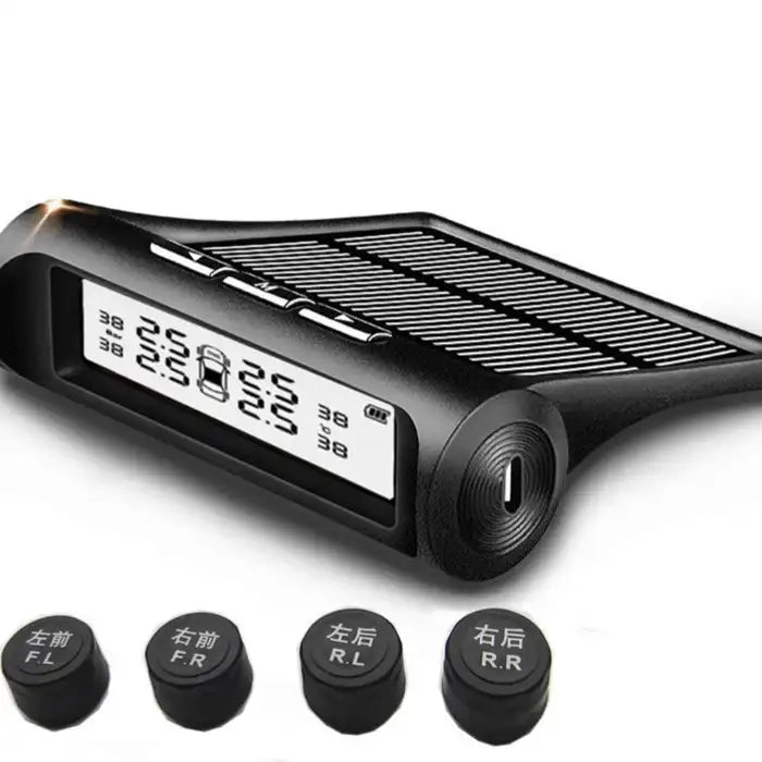 Solar TPMS system with Chinese-labeled sensors and white screen for tire temperature and pressure.