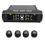 Solar TPMS system compact screen with pressure display and four external tire sensors included.