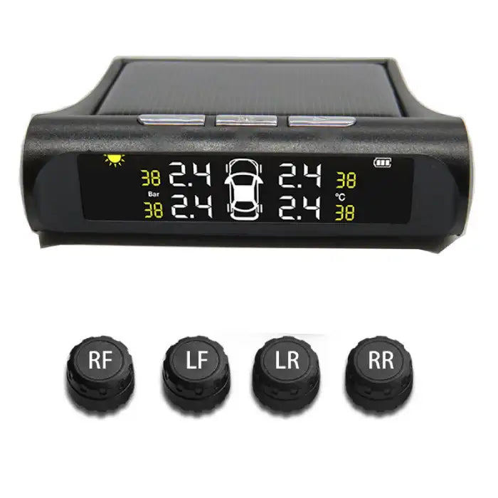 Solar TPMS system compact screen with pressure display and four external tire sensors included.