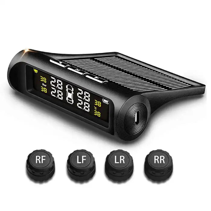 Solar TPMS system with digital screen and four labeled tire sensors showing real-time pressure data.