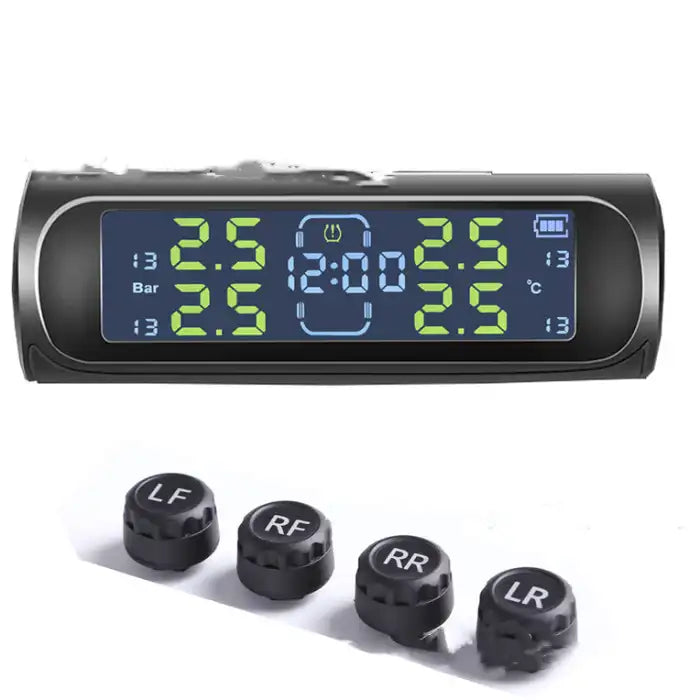 Solar TPMS system with bright green digital display and four external tire pressure sensors.