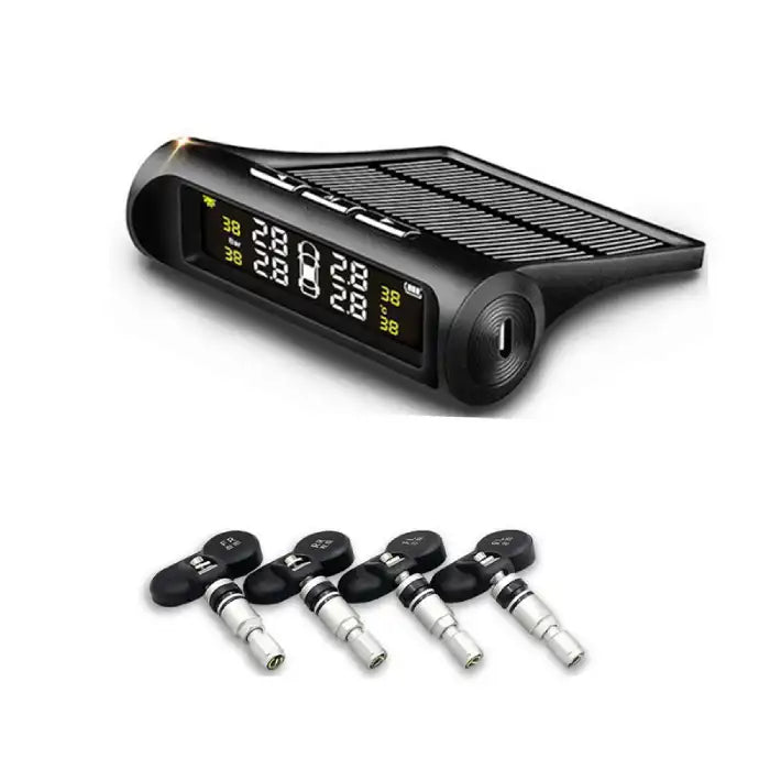 Solar TPMS system with internal tire sensors and angled digital display showing all four tires.