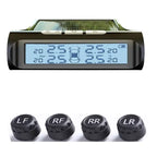 Solar TPMS system kit with blue LCD display and four tire sensors labeled LF, RF, RR, LR.
