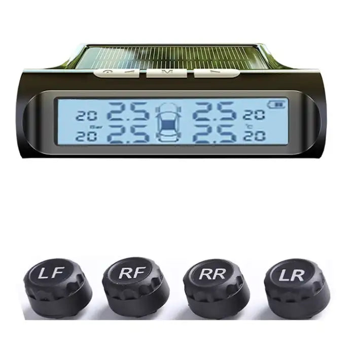 Solar TPMS system kit with blue LCD display and four tire sensors labeled LF, RF, RR, LR.