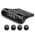 Solar TPMS system with multicolor digital screen and labeled tire pressure sensors LF, RF, RR, LR.