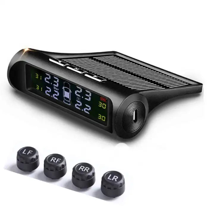 Solar TPMS system with USB charging port and digital screen showing pressure and temperature.