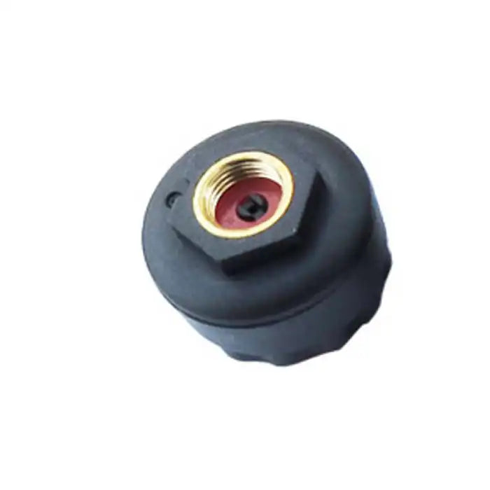 Solar TPMS system external valve sensor with brass interior and black plastic outer casing.