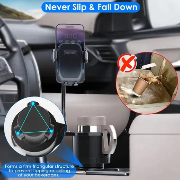 .cup phone holder with triangle base prevents beverage spills or phone slipping in car