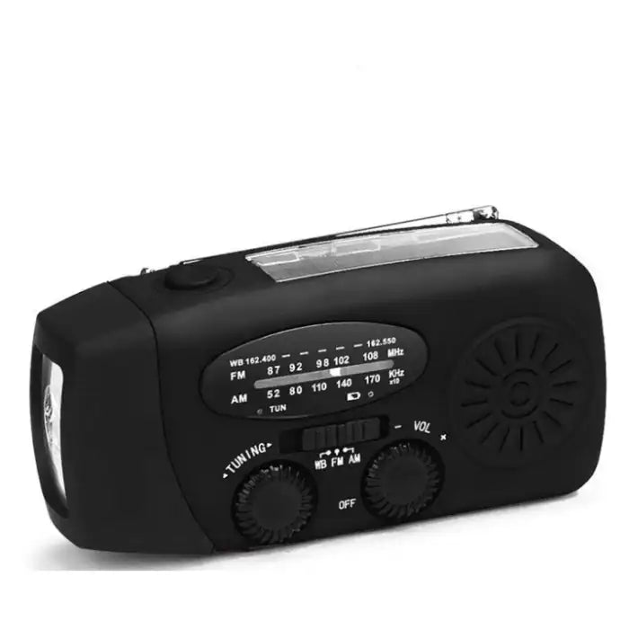 Black Survival Radio with solar panel and radio dials, built for emergency and outdoor preparedness.