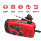Survival Radio with solar panel, hand crank, and flashlight showcasing upgraded emergency features.