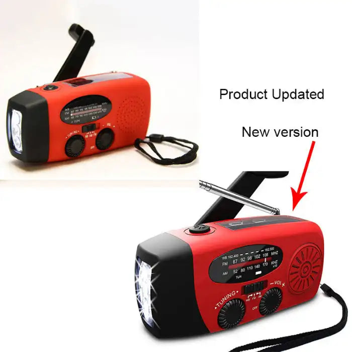 Comparison of old and updated Survival Radio versions with improved flashlight and antenna design.