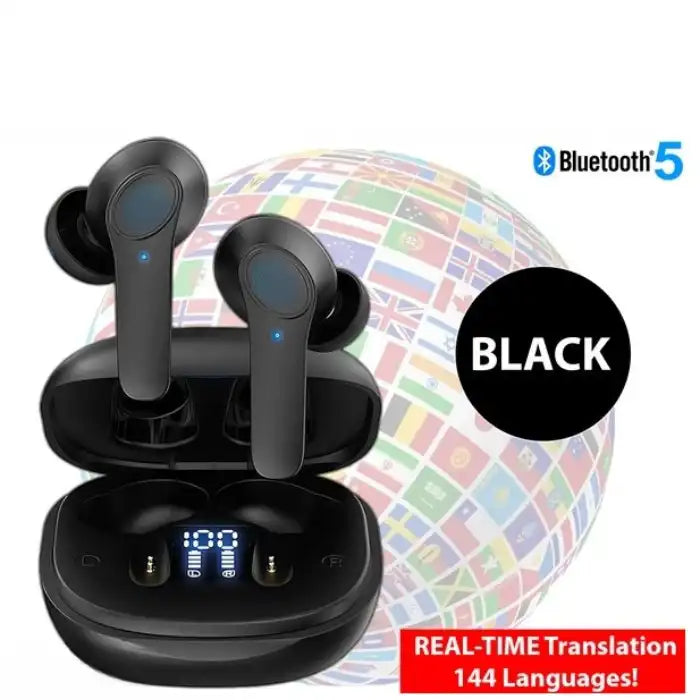 Black Translation Earbuds with Bluetooth and real-time translation for 144 languages over globe background