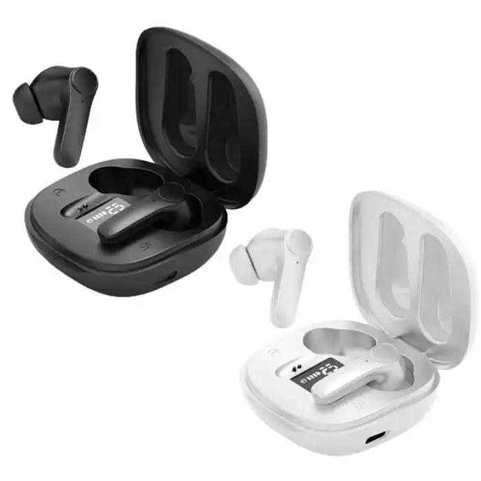 Translation Earbuds in open black and white charging cases showing sleek in-ear design and digital display