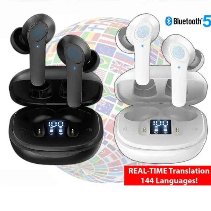Translation Earbuds in black and white cases with Bluetooth and 144-language real-time translation feature