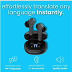 Translation Earbuds in black case highlighting instant translation, comfortable fit, and high audio quality