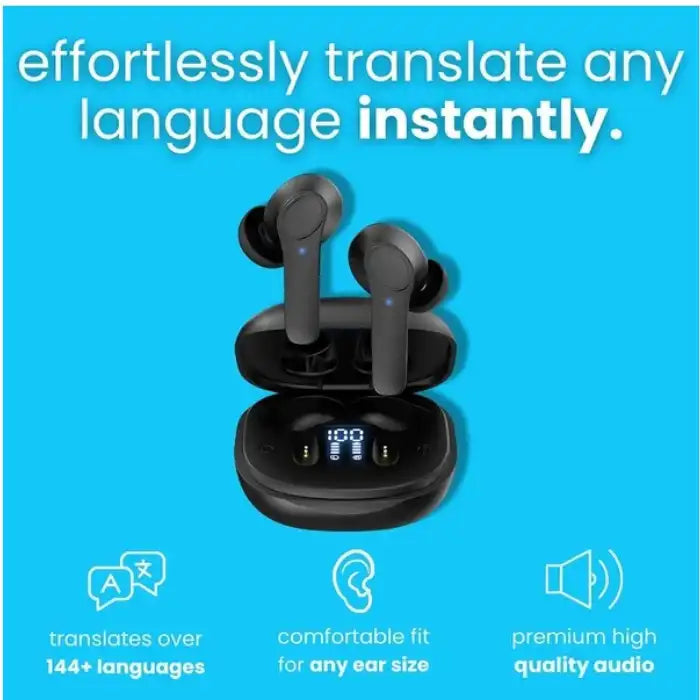 Translation Earbuds in black case highlighting instant translation, comfortable fit, and high audio quality