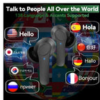 Translation Earbuds with flags and greetings displaying 138-language translation support and global communication
