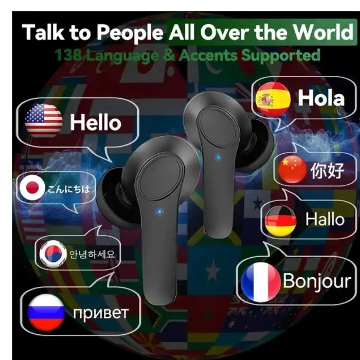 Translation Earbuds with flags and greetings displaying 138-language translation support and global communication