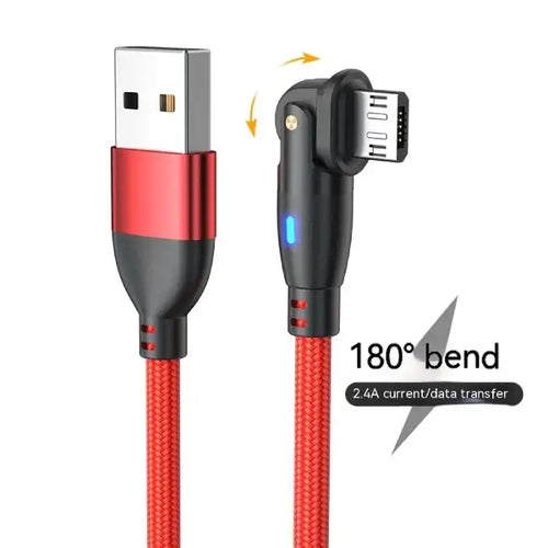 USB charging cable with 180° bendable design and 2.4A current for data transfer and charging convenience.
