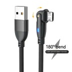 Black micro USB charging cable with 180° bend and 2.4A current for fast data and power transfer.