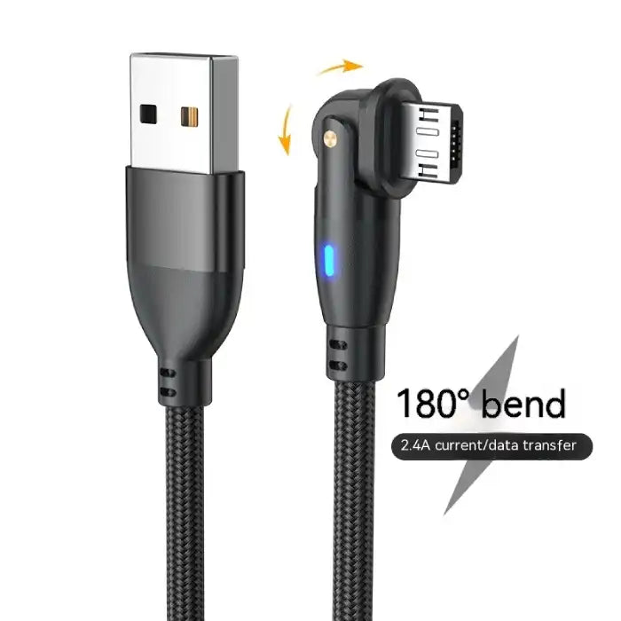 Black micro USB charging cable with 180° bend and 2.4A current for fast data and power transfer.